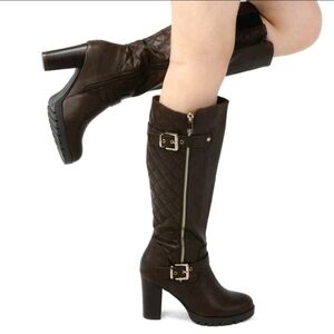 Quilted Knee-High Heeled Riding Boots - Brown